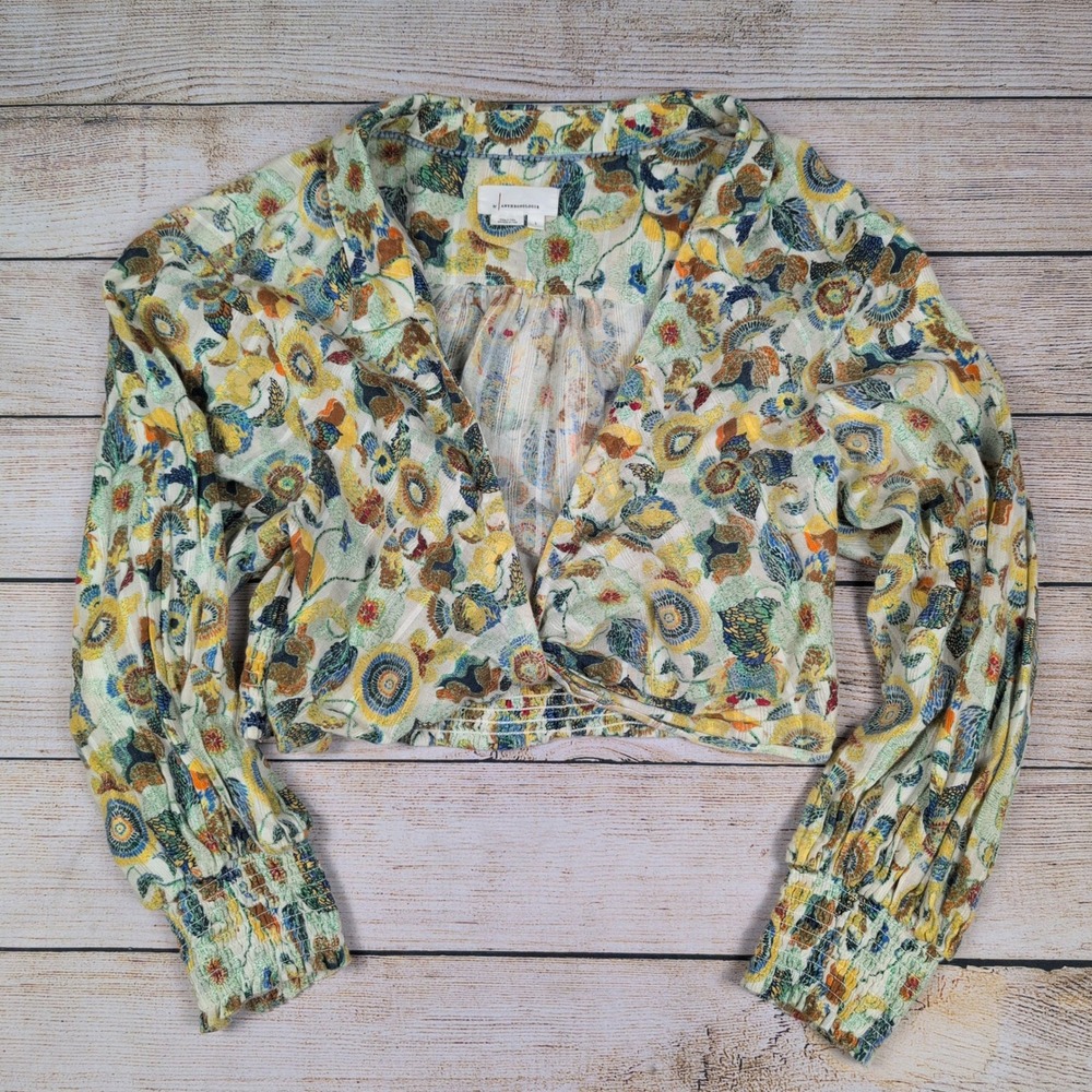 by Anthropologie Floral Print Long Sleeve Boho Crop Top Blouse Size L